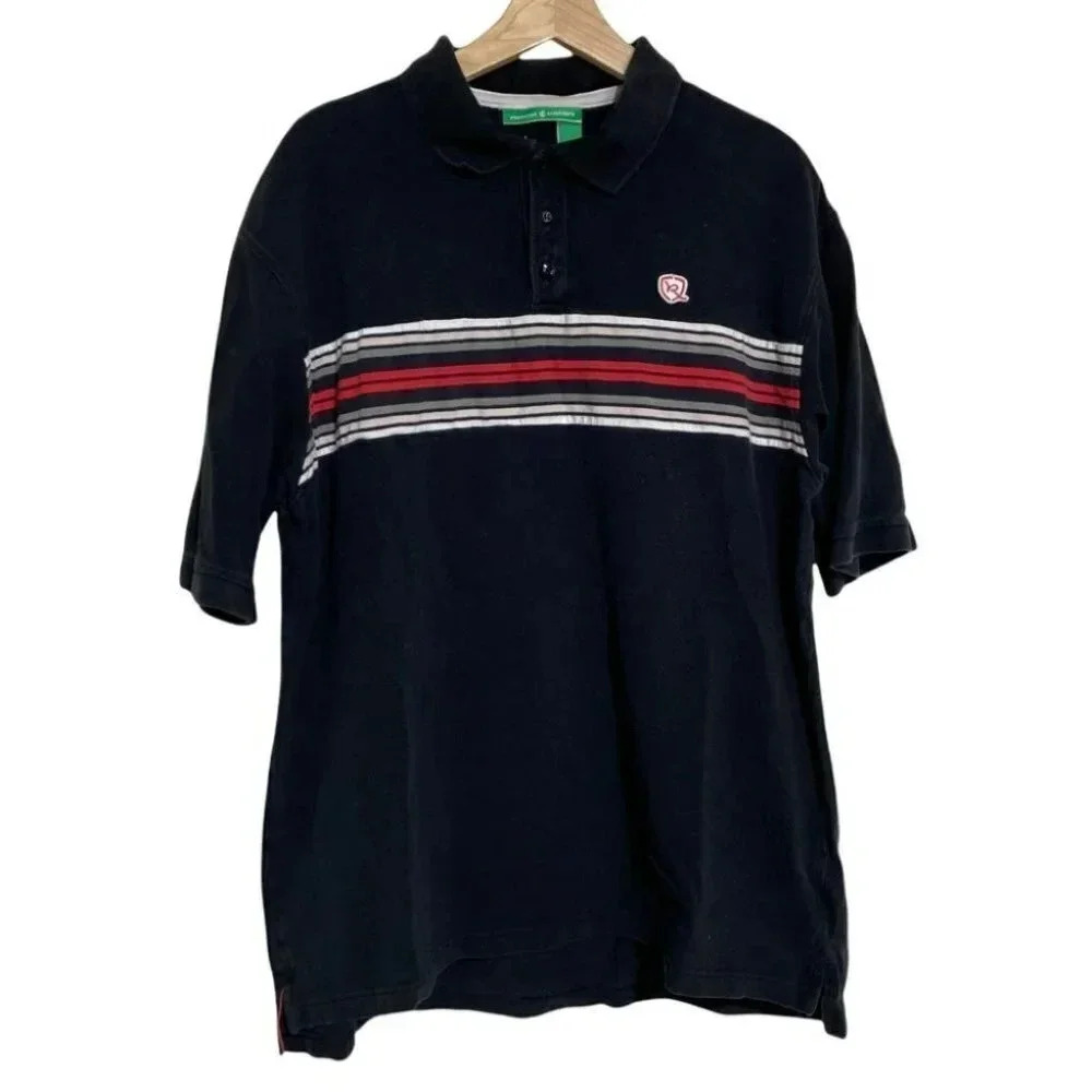 ROCA WEAR‎ Vintage XL black polo with red & white stripes Retro Hip Hop